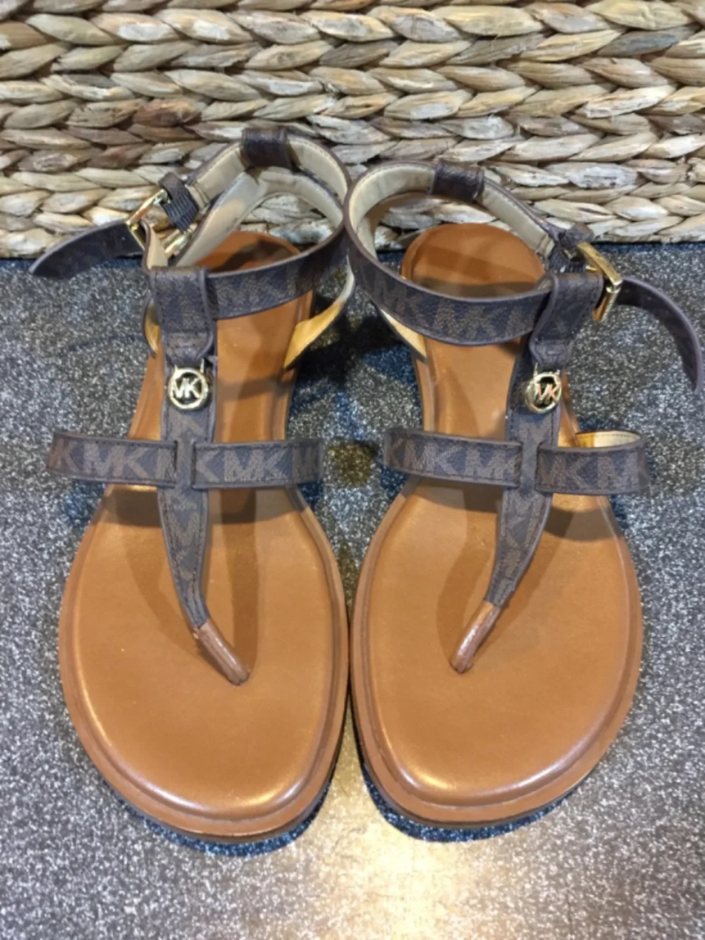MICHAEL Michael Kors Brown Monogram T-Strap Brown Sandals